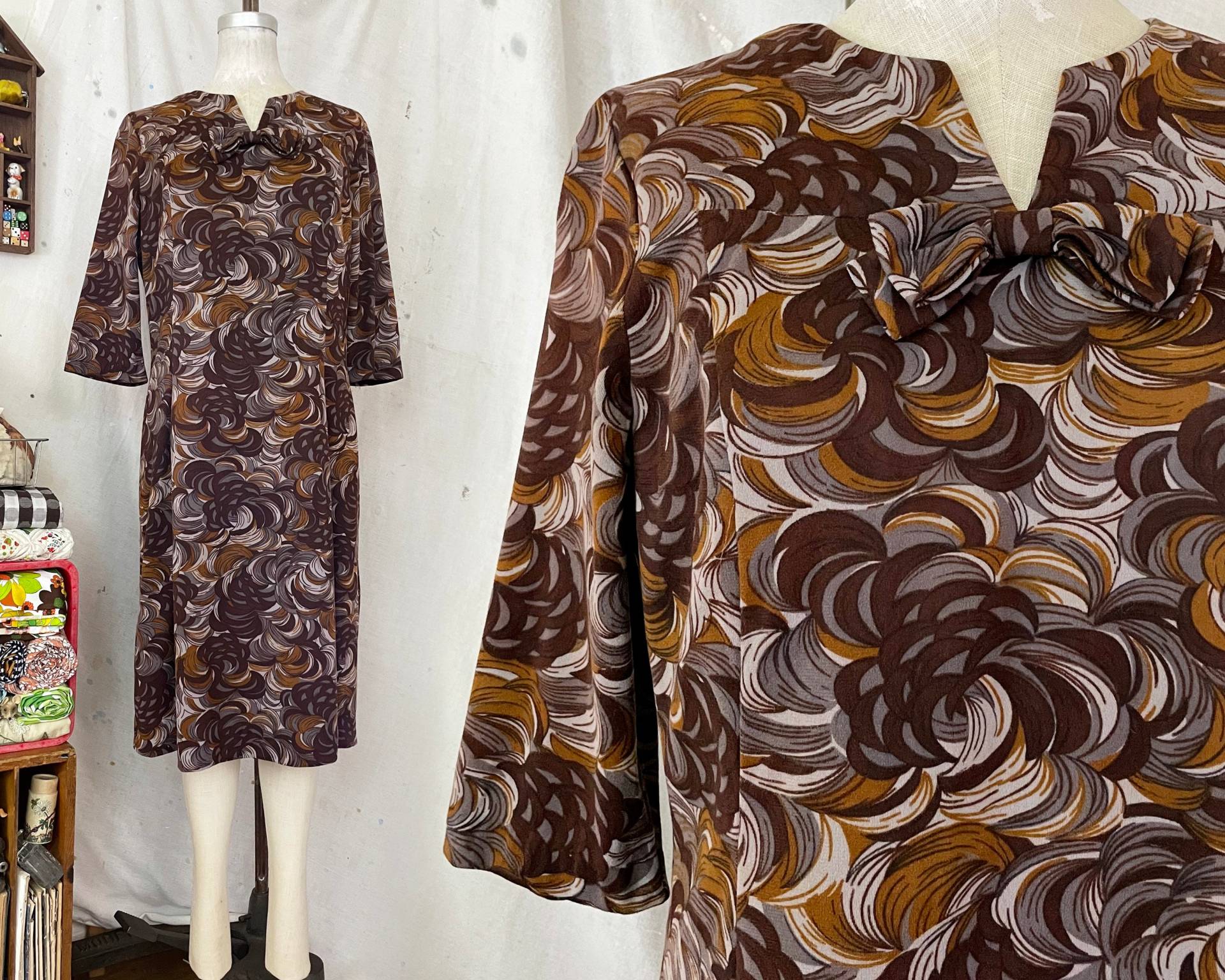 Vintage 1960S Op Art Swirl Print Schleife Front Kleid Sz L - Xl von DirtHill