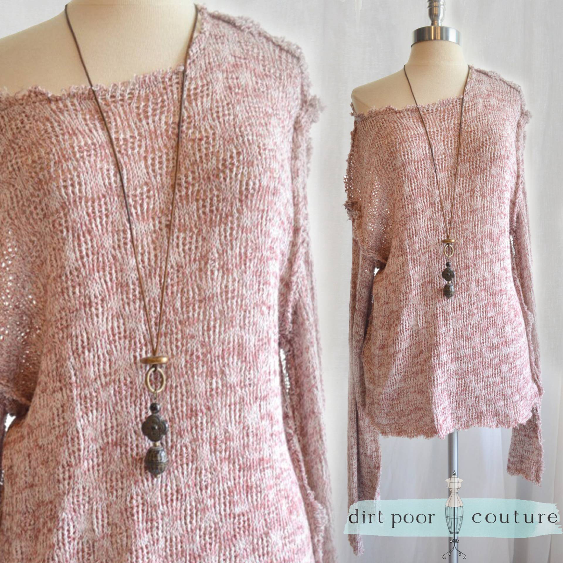 Handgemachter Boho Strickpulli Zerschlissener Burgund Pullover, Größe L von DirtPoorCouture