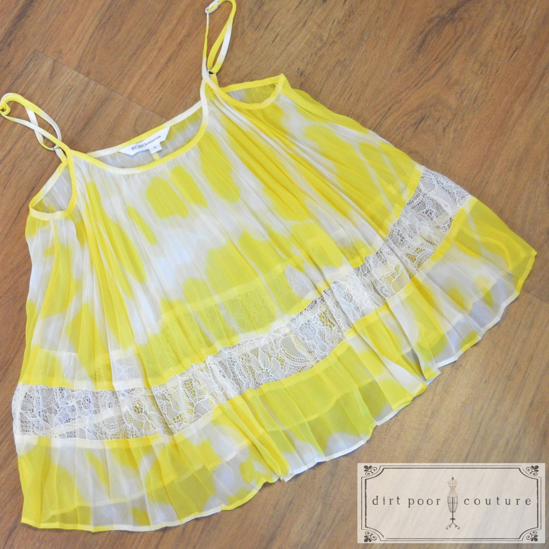 Vintage Bcbg Gelb Chiffon Top Klein Schiere Plissee Spitze Inlay Tie Dye Slip Stil Crop Bluse Cottagecore Y2K Fairycore von DirtPoorCouture