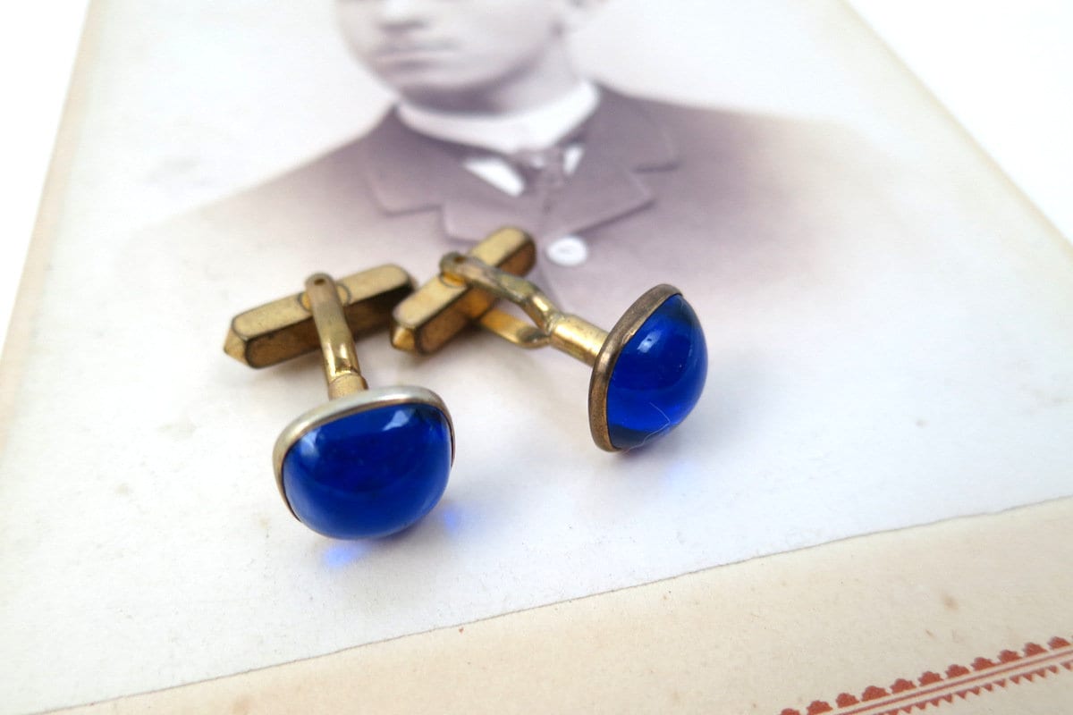 Vintage Blaue Manschettenknöpfe Herren Mid Century Modeschmuck von DirtyBirdiesVintage