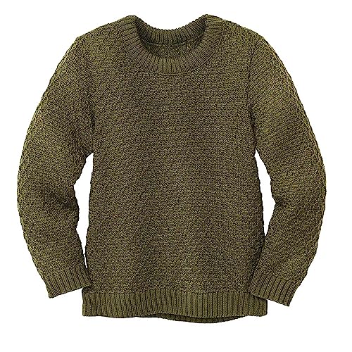 Disana Aran-Pullover Kinder - 100% Bio-Merino – atmungsaktiv & kuschelig warm - Unisex Gr. 86-140 - nachhaltig & fair - ideal für kalte Tage Dank fluffigem Strick - Made in Germany | Oliv Gr. 86-92 von Disana