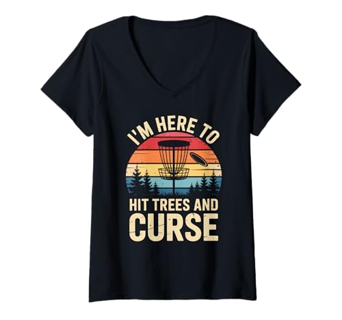 Damen Ich bin hier, um Hit Tree Frisbee Golf Player Retro-Discgolf zu spielen T-Shirt mit V-Ausschnitt von Disc Golf Outdoor Frisbee Golf