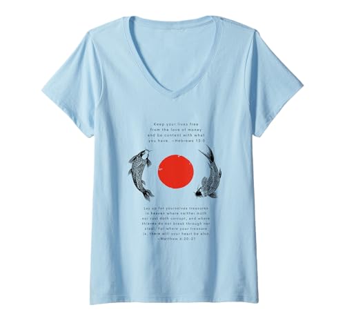 Damen The Way of Detachment And Contentment Hebräisch 13 Matthäus 6 T-Shirt mit V-Ausschnitt von Disc Tzu