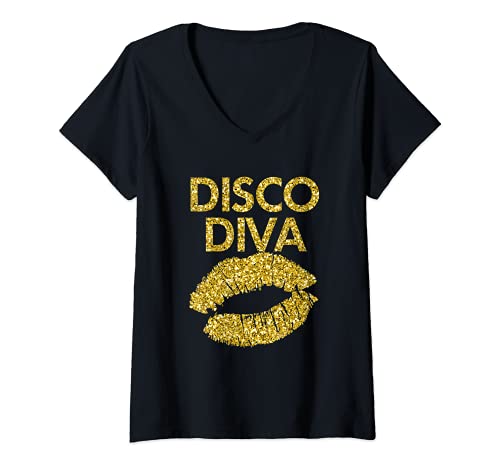 Damen Disco Diva Damen Disco Gold Lippen T-Shirt mit V-Ausschnitt Damen Disco Diva Damen Disco Gold Lippen T-Shirt mit V-Ausschnitt von Disco Diva Gift Tees