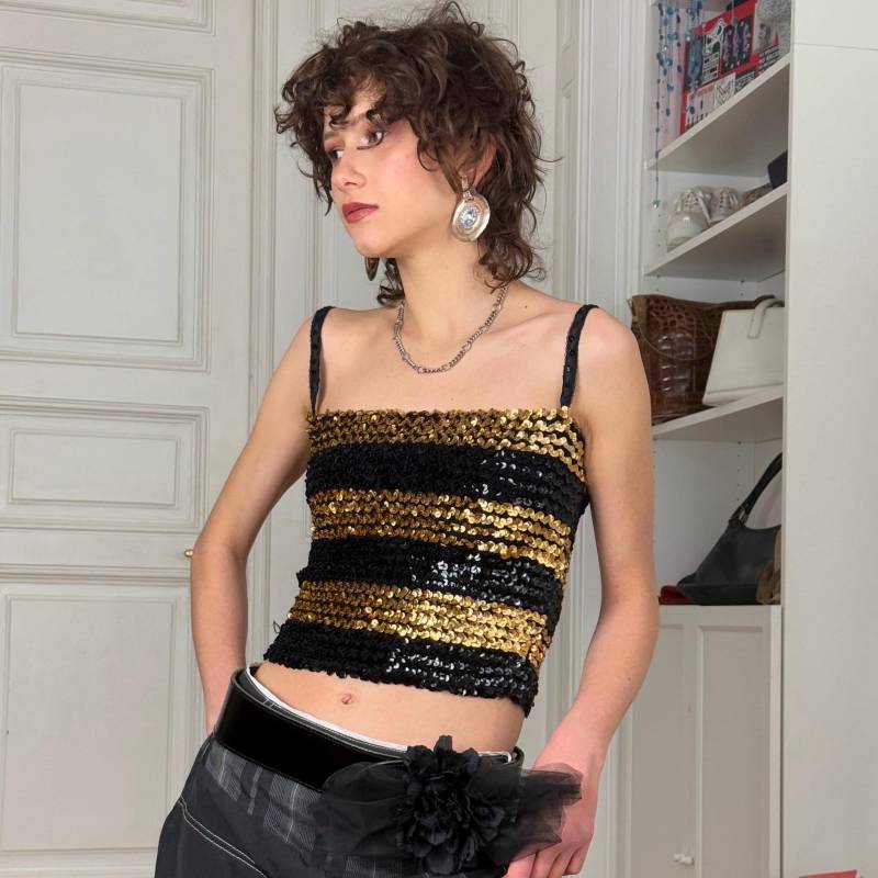Vintage Pailletten Top Dehnbar Golden Schwarz Strappy Tube Bee Festival Party Rave Ibiza Summer Pride Crop Xs - S von DiscoBabeVintage