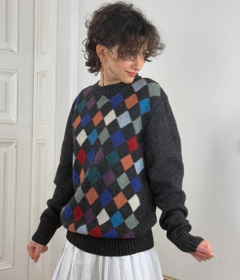 Vintage Y2K Wanderlust Wolle Argyle Pullover Diamant-Muster Bunte Funky Fun Sweatshirt Schachbrett Gerippter Unisex von DiscoBabeVintage
