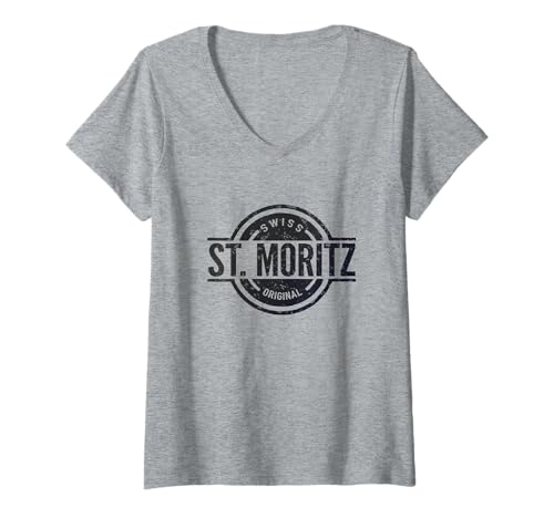 Damen St. Moritz Schweiz - Offizielle Saint Moritz Schweiz T-Shirt mit V-Ausschnitt von Discover Switzerland