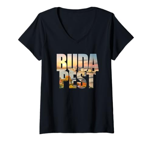Damen Budapest Text with Hungary Danube River & Parliament Graphic T-Shirt mit V-Ausschnitt Damen Budapest Text with Hungary Danube River & Parliament Graphic T-Shirt mit V-Ausschnitt von Discover The Beauty of Budapest Hungary