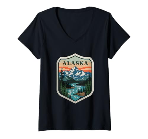 Damen Abenteuer in der Wildnis am Alaska Court of Arms: Erkunden Sie das Land T-Shirt mit V-Ausschnitt von Discovering Alaska's Scenic Nature Escapes Soul