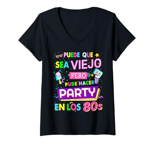 Damen 80er Jahre Rave Outfit Kostüm Idee für Frauen & 1980er Jahre Verkleidung T-Shirt mit V-Ausschnitt von Disfraz De Los 80 Para Mujer In Spanish For Women