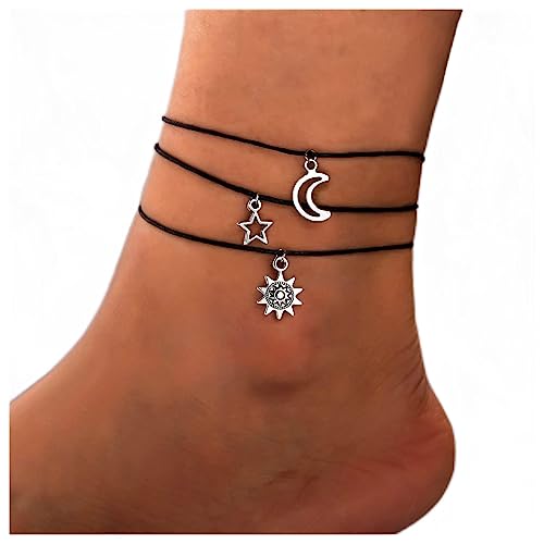 3 Stücke Sonne Mond Fußkettchen Stern Halbmond Fußkettchen Armband Boho Wachsseil Strand Fußkette Schmuck für Frauen Mädchen Teenager von Dishowme