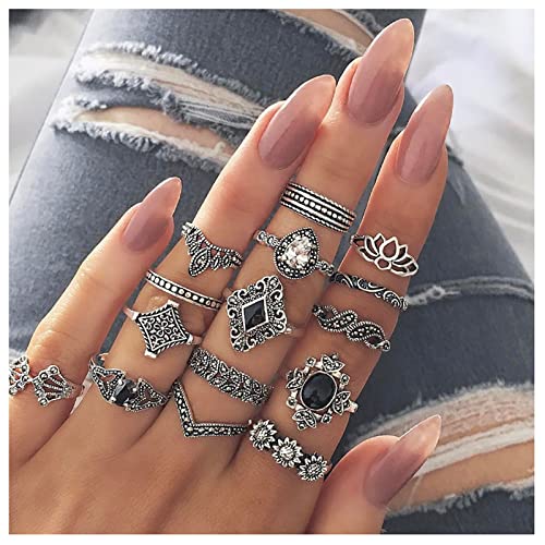 Boho Blume Adler Krone Hirschknöchel Ringe Set Türkis Kreuz Schleife Fingergelenk Ring Kristall Kostüm Stapelbare Ringe für Frauen Mädchen Männer (Silber C) von Dishowme