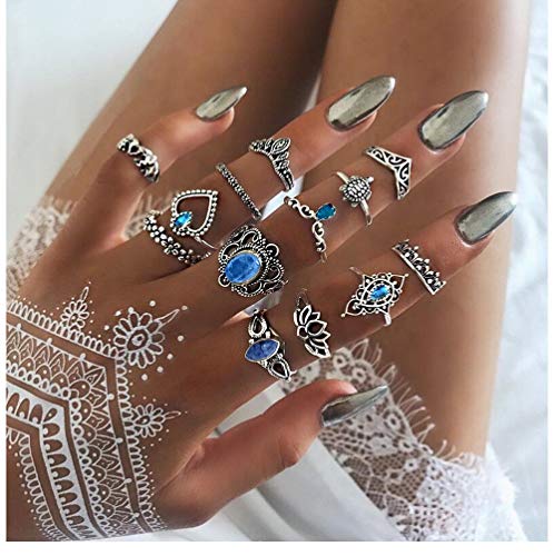 Boho Blume Adler Krone Hirschknöchel Ringe Set Türkis Kreuz Schleife Fingergelenk Ring Kristall Kostüm Stapelbare Ringe für Frauen Mädchen Männer (Silber D) von Dishowme