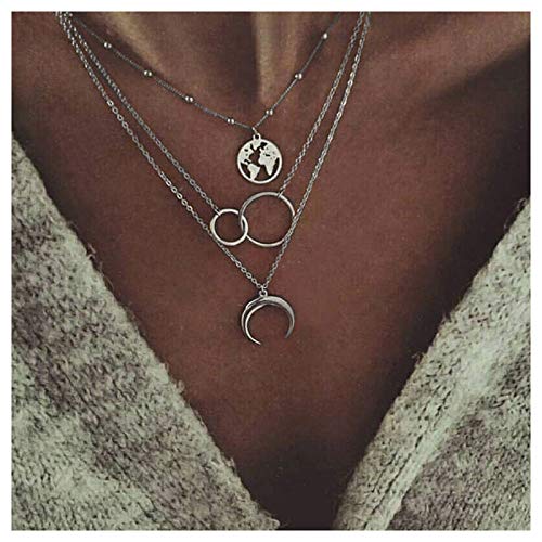 Boho Layered Halskette Mond Weltkarte Anhänger Halskette Kette Schmuck für Frauen Mädchen (Silber) von Dishowme