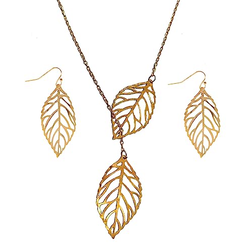 Blatt-Halsketten-Ohrring-Set, 3-teilig, Lariat-Blatt-Anhänger, Halskette, hohle Feder, Schmuck für Frauen und Mädchen (Gold) von Dishowme