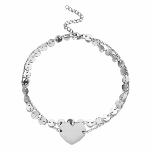 Dishowme Herz Pailletten Fußkettchen Armband Boho Layered Liebe Herz Münzen Fußkette Sommer Strand Barfuß Sandale Schmuck für Damen Frauen (Silber) von Dishowme