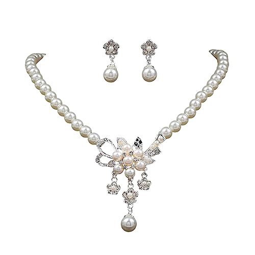 Hochzeits-Perlen-Blumen-Halsketten-Set Brautkristall weiße Kunstperlen Anhänger Halskette Ohrringe Blumen-Strass Kunstperlen Kettenschmuck für Frauen Braut Brautjungfer (Weiß A) von Dishowme