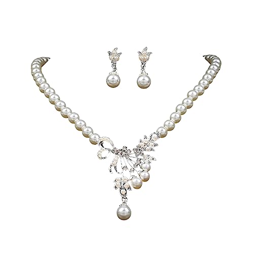 Dishowme Hochzeits-Perlen-Blumen-Halsketten-Set Brautkristall weiße Kunstperlen Anhänger Halskette Ohrringe Blumen-Strass Kunstperlen Kettenschmuck für Frauen Braut Brautjungfer (Weiß B) von Dishowme