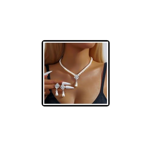 Dishowme Hochzeits-Perlen-Blumen-Halsketten-Set Brautkristall weiße Kunstperlen Anhänger Halskette Ohrringe Blumen-Strass Kunstperlen Kettenschmuck für Frauen Braut Brautjungfer (Weiß C) von Dishowme