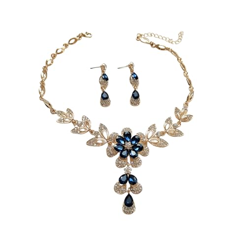 Dishowme Kristall Blume Halskette Ohrringe Sets Braut Hochzeit Schmuck Sets Floral Teardrop Strass Dangle Ohrringe Halskette für Frauen Damen Brautjungfern (Blau) von Dishowme