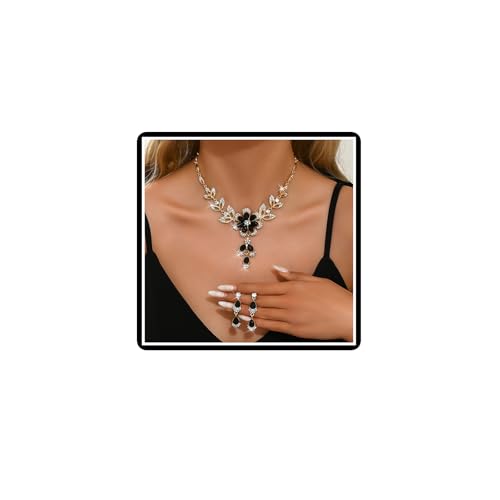 Dishowme Kristall Blume Halskette Ohrringe Sets Braut Hochzeit Schmuck Sets Floral Teardrop Strass Dangle Ohrringe Halskette für Frauen Damen Brautjungfern (Schwarz) von Dishowme