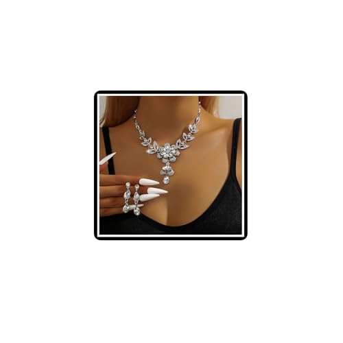 Dishowme Kristall Blume Halskette Ohrringe Sets Braut Hochzeit Schmuck Sets Floral Teardrop Strass Dangle Ohrringe Halskette für Frauen Damen Brautjungfern (Weiß) von Dishowme