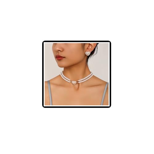 Dishowme Kristall Herz Halskette Ohrringe Sets 3Pcs Vintage Perlen Kragen Halskette Layered Strass Liebe Herz Perlen Schmuck Sets für Damen Frauen von Dishowme