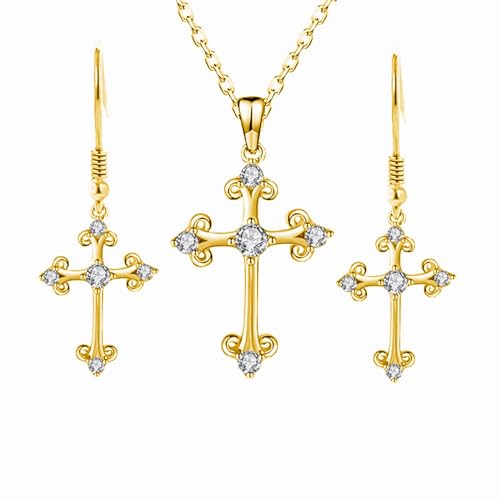 Dishowme Kristall Kreuz Halskette Ohrringe Sets 3Pcs Strass Kreuz Anhänger Halskette Christian Pray Kruzifix Schmuck für Frauen Mädchen (Gold) von Dishowme