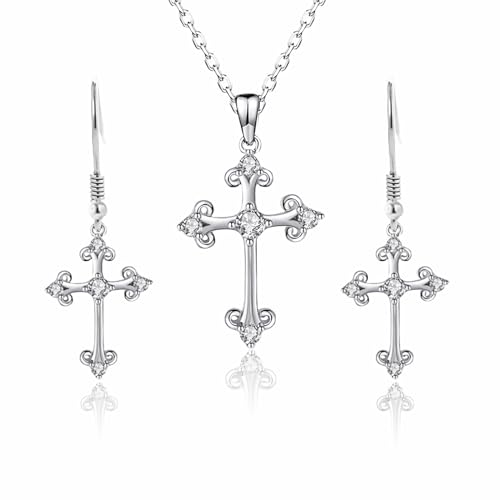 Dishowme Kristall Kreuz Halskette Ohrringe Sets 3Pcs Strass Kreuz Anhänger Halskette Christian Pray Kruzifix Schmuck für Frauen Mädchen (Silber) von Dishowme