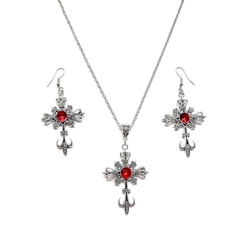 Dishowme Kristall Kreuz Halskette Ohrringe Sets Gothic Strass Kreuz Halskette 3Pcs Punk Christian Pray Crucifix Schmuck für Damen Frauen (Rot) von Dishowme