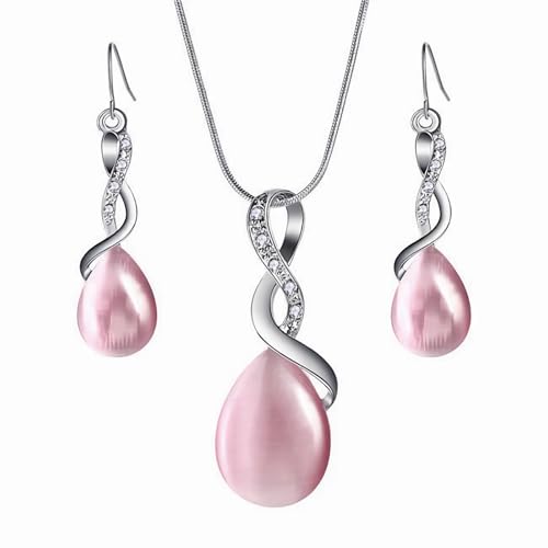Dishowme Kristall Opal Halskette Ohrringe Sets Hochzeit Teardrop Synthetische Cat Eye Edelstein Halskette Schmuck für Damen Frauen (Rosa) von Dishowme