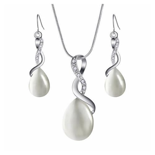 Dishowme Kristall Opal Halskette Ohrringe Sets Hochzeit Teardrop Synthetische Cat Eye Edelstein Halskette Schmuck für Damen Frauen (Weiß) von Dishowme