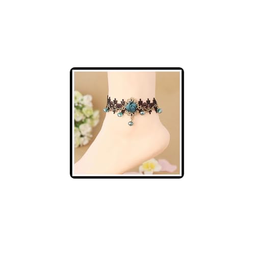 Dishowme Kristall Rose Blume Fußkettchen Armband Gothic Spitze Fußkette Schnitzen Strass Sommer Strand Fußkettchen Schmuck für Damen Frauen (Blau) von Dishowme