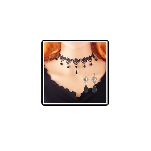 Dishowme Kristall Samt Halskette Ohrringe Set Gothic Spitze Kragen Halskette Kette Vampir Schwarz Choker Schmuck Sets für Damen Frauen (Schwarz B) von Dishowme