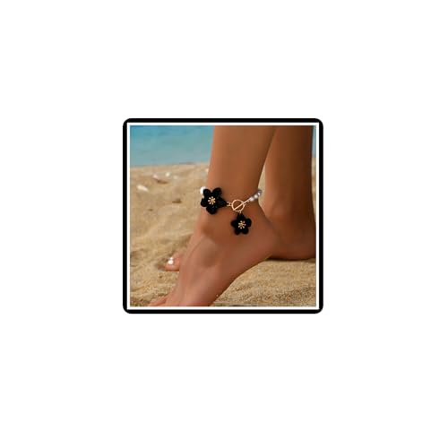 Dishowme Perle Blume Fußkettchen Armband Boho Faux Perle Blumenperlen Fußkette Sommer Strand Barfuß Sandale Schmuck für Damen Frauen (Schwarz) von Dishowme