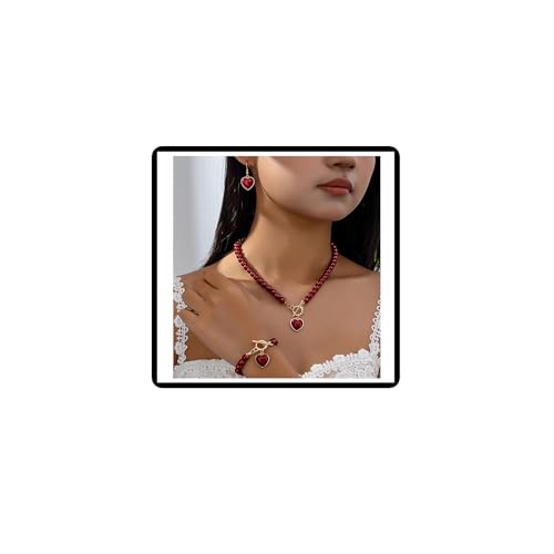 Dishowme Perle Herz Halskette Ohrringe Sets 4Pcs Vintage Kunstperle Armband Liebe Herz Choker Halskette Schmuck Sets für Damen Frauen (Rot) von Dishowme