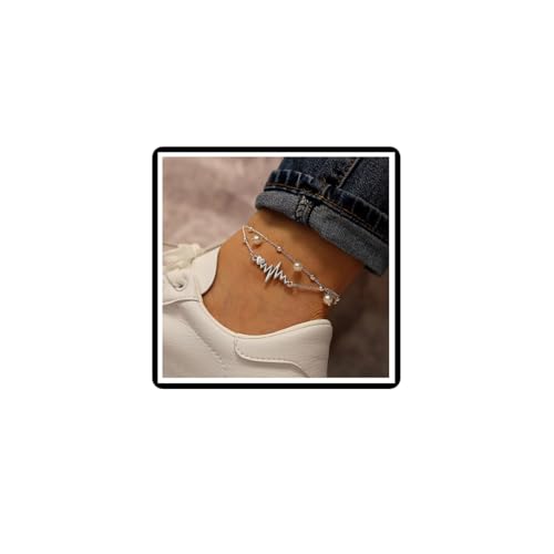 Dishowme Perle Herzschläge Fußkettchen Armband Boho geschichtete Herzperlen Fußkette Sommer Strand Kunstperle Barfuß Sandale Schmuck für Frauen Mädchen (Silber) von Dishowme