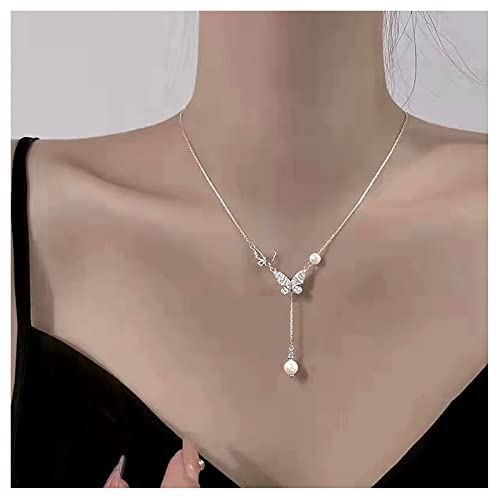 Dishowme Perle Schmetterling Anhänger Halskette Kristall Schleife Halskette Kette Boho Strass Schleife-Knoten Perlen Schmuck für Frauen Mädchen (Silber A) von Dishowme
