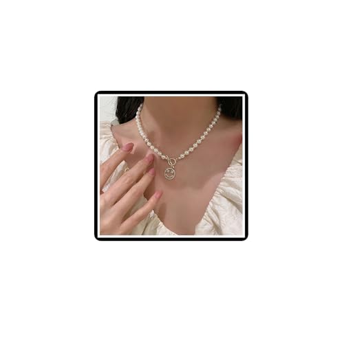 Dishowme Perlenkette mit Liebesanhänger Kristall Lächelndes Gesicht Chokerhalskette Kette Kunstperle Strass Liebesherz Schmuck für Frauen Mädchen (Gold B) von Dishowme