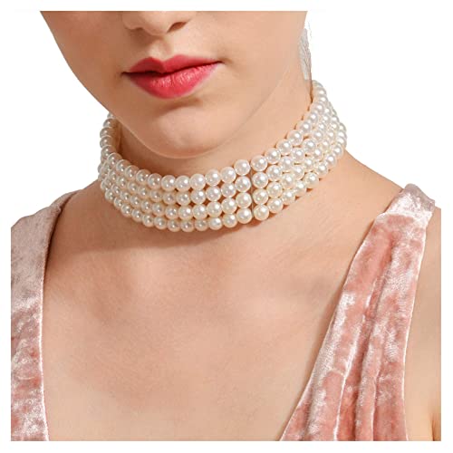 Dishowme Perlenschnüre Choker Halskette Mehrschichtige Falsche Perle Breite Halskette Weiße Perlen Versilberte Schmuckkette für Frauen Mädchen von Dishowme