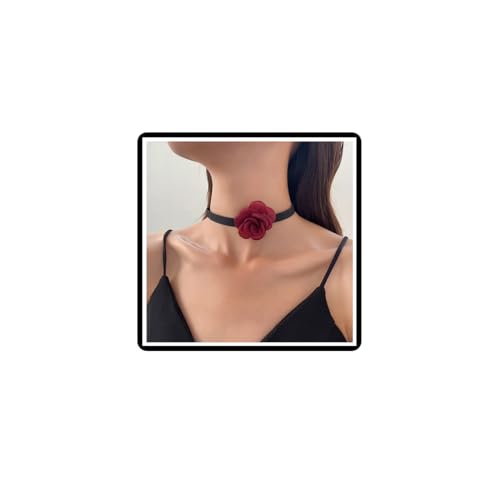 Dishowme Rose Blume Leder Choker Halskette Vintage Französisch Samt Beflockung Tuch Halskette Halsband Schmuck für Frauen Mädchen Bankett Ball Party, Metall Beflockungstuch Metall von Dishowme