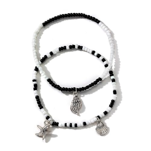 Dishowme Seestern Muschel Fußkettchen Armband Böhmische Muschel Fußkette Hawaii Puka Perlen Sommer Strand Barfuß Sandale Schmuck für Damen Frauen (Schwarz) von Dishowme