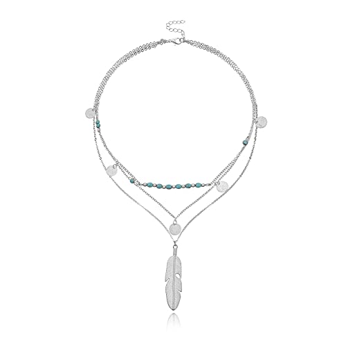 Dishowme Türkis Geschichtete Anhänger Halskette Boho Pailletten Perlen Halskette Kette Schmuck für Frauen Mädchen (Silber B) von Dishowme