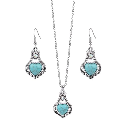 Dishowme Türkis Halskette Ohrringe Set Böhmische Edelstein Blume Anhänger Halskette 3Pcs Vintage Geometrische Wassertropfen Western Kostüm baumeln Schmuck für Frauen Mädchen (Blau B) von Dishowme