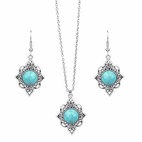 Dishowme Türkis Halskette Ohrringe Set Böhmische Edelstein Blume Anhänger Halskette 3Pcs Vintage Geometrische Wassertropfen Western Kostüm baumeln Schmuck für Frauen Mädchen (Blau C) von Dishowme