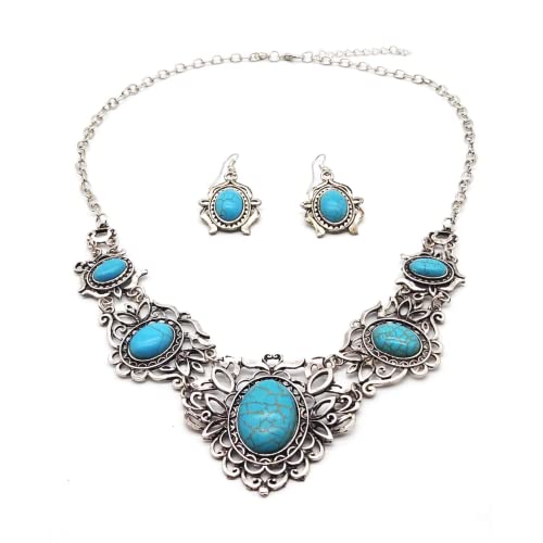 Dishowme Türkis Halskette Ohrringe Set Böhmische Edelstein Blume Anhänger Halskette 3Pcs Vintage Geometrische Wassertropfen Western Kostüm baumeln Schmuck für Frauen Mädchen (Blau F) von Dishowme