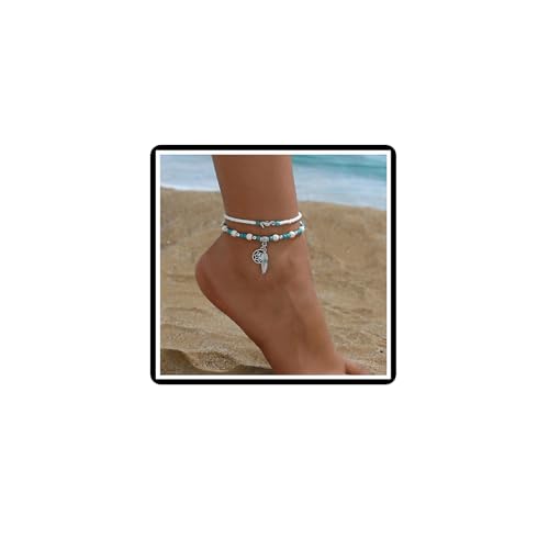 Dishowme Türkis Muschel Feder Fußkettchen Armband Bohemian Mond Stern Muschel Fußkette Hawaii Puka Wachs Seil Perlen Sommer Strand Barfuß Sandale Schmuck für Damen Frauen (Stil B) von Dishowme