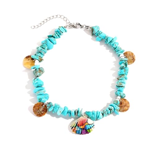 Dishowme Türkis Muschel Fußkettchen Armband Natur Stein Muschel Fußkette Hawaii Puka Pailletten Quasten Sommer Strand Barfuß Sandale Schmuck für Damen Frauen (Blau) von Dishowme