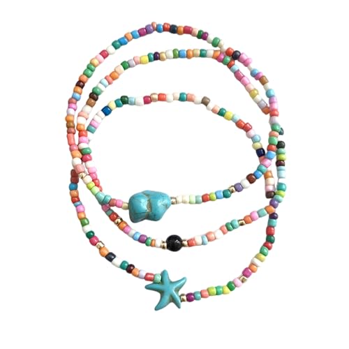 Dishowme Türkis Seestern Fußkettchen Armband 3Pcs Böhmische Perlen Fußkette Elastische Sommer Strand Barfuß Sandale Schmuck für Damen Frauen (Mehrfarbig) von Dishowme