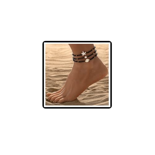Dishowme Türkis Seestern Fußkettchen Armband 3Pcs Böhmische Perlen Fußkette Elastische Sommer Strand Barfuß Sandale Schmuck für Damen Frauen (Schwarz) von Dishowme